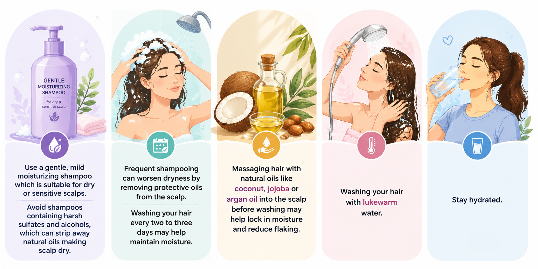 Illustration showing treatment for dry scalp with a gentle moisturizing shampoo, reduced shampoo frequency, natural scalp oils like coconut, jojoba, and argan oil, washing hair with lukewarm water, and staying hydrated.