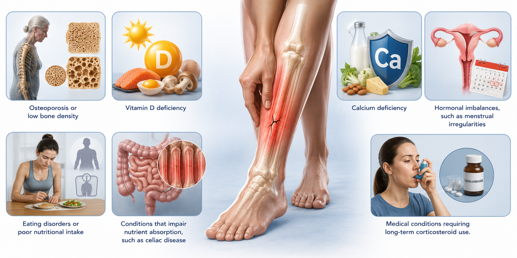 Medical infographic showing underlying health conditions associated with a hairline fracture