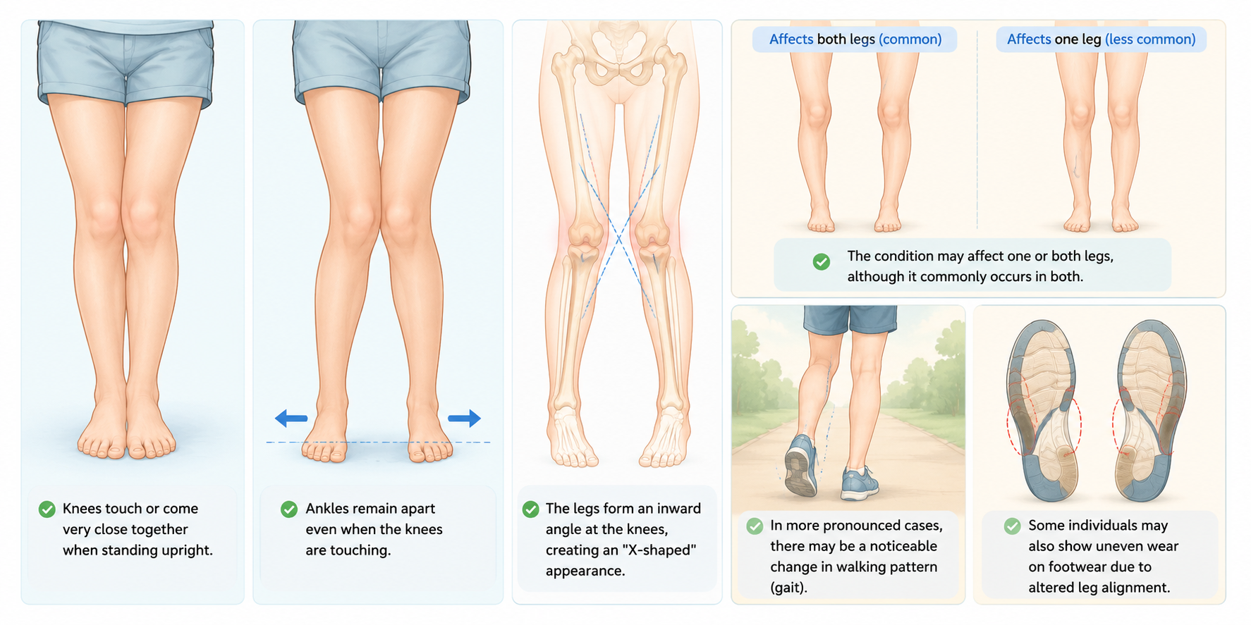 Knock Knees showing knees touching, ankles apart, inward leg angle, X-shaped leg alignment, gait changes, and uneven shoe wear patterns.