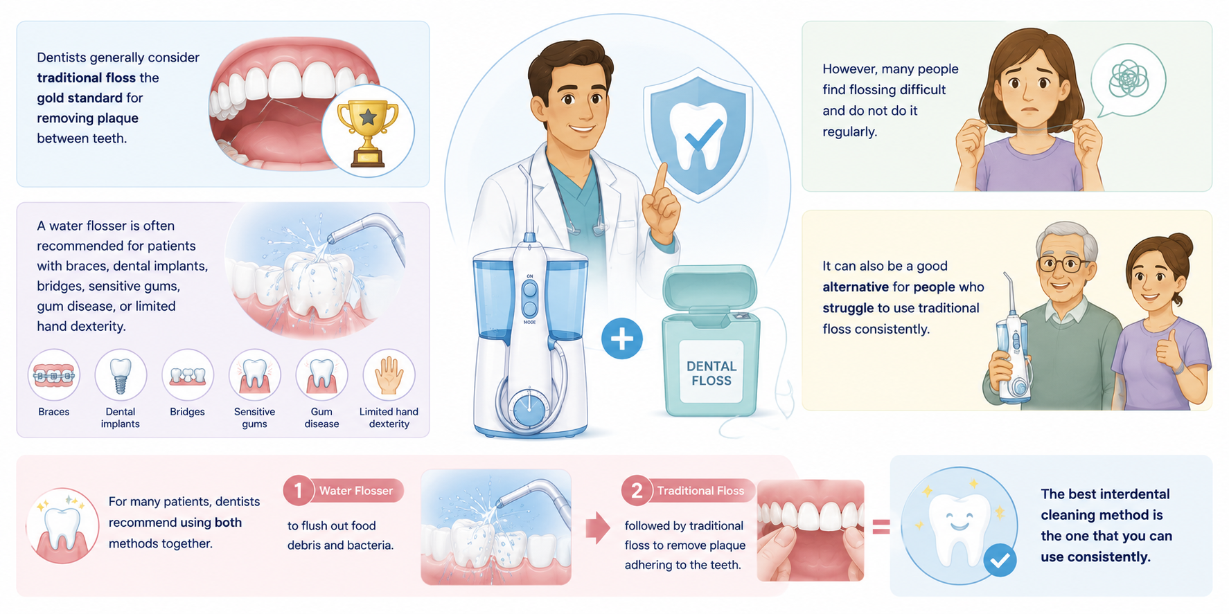 Medical illustration explaining what dentists recommend in the Water Flosser vs Traditional Floss debate, highlighting traditional floss as the gold standard, water flossers for special dental needs, and the benefits of using both together for optimal oral hygiene.
