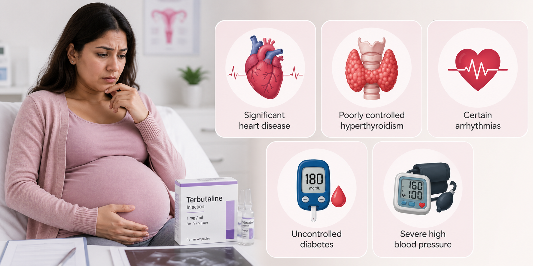 medical illustrations showing conditions where terbutaline should not be used, including significant heart disease, poorly controlled hyperthyroidism, certain arrhythmias, uncontrolled diabetes, and severe high blood pressure.