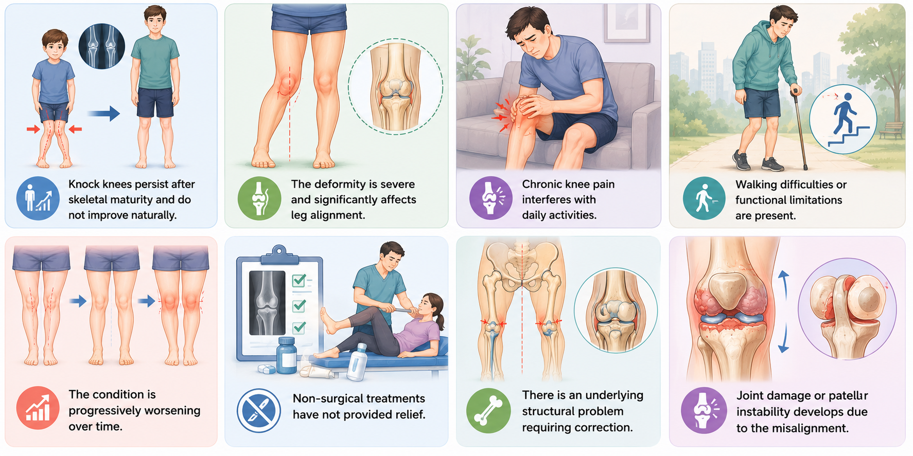 Illustration showing the indications for surgery in Knock Knees (genu valgum)