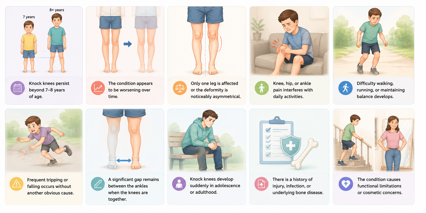 Educational illustration showing when to see a doctor for Knock Knees (genu valgum)