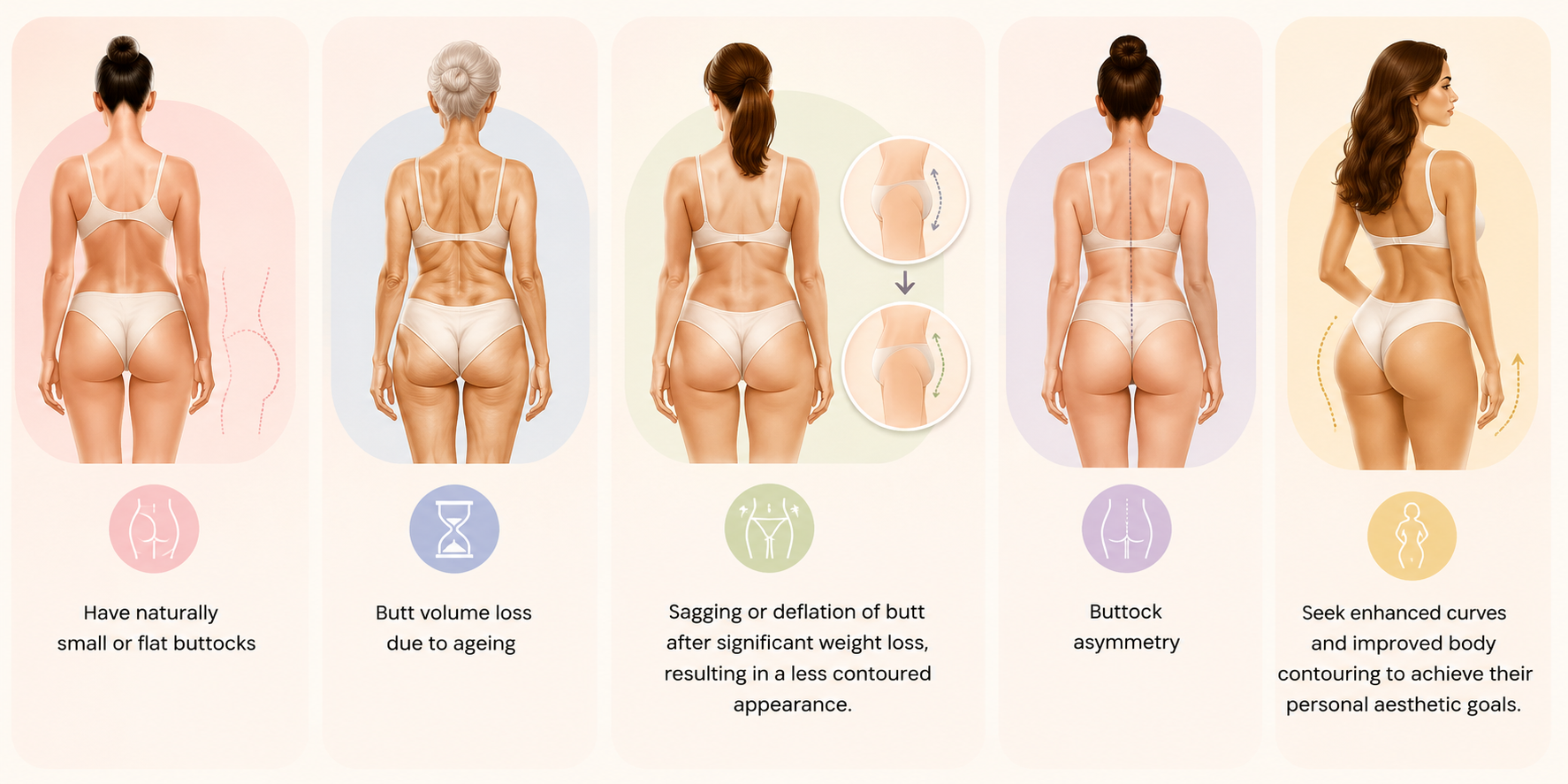 Medical infographic illustrating who needs butt augmentation