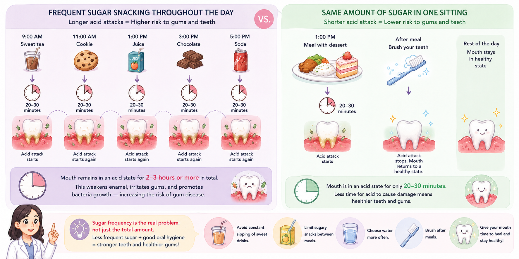 Infographic comparing frequent sugary snacks throughout the day versus consuming the same amount of sugar in one sitting, demonstrating repeated acid attacks and explaining Is Sugar the Main Cause of Gum Disease?