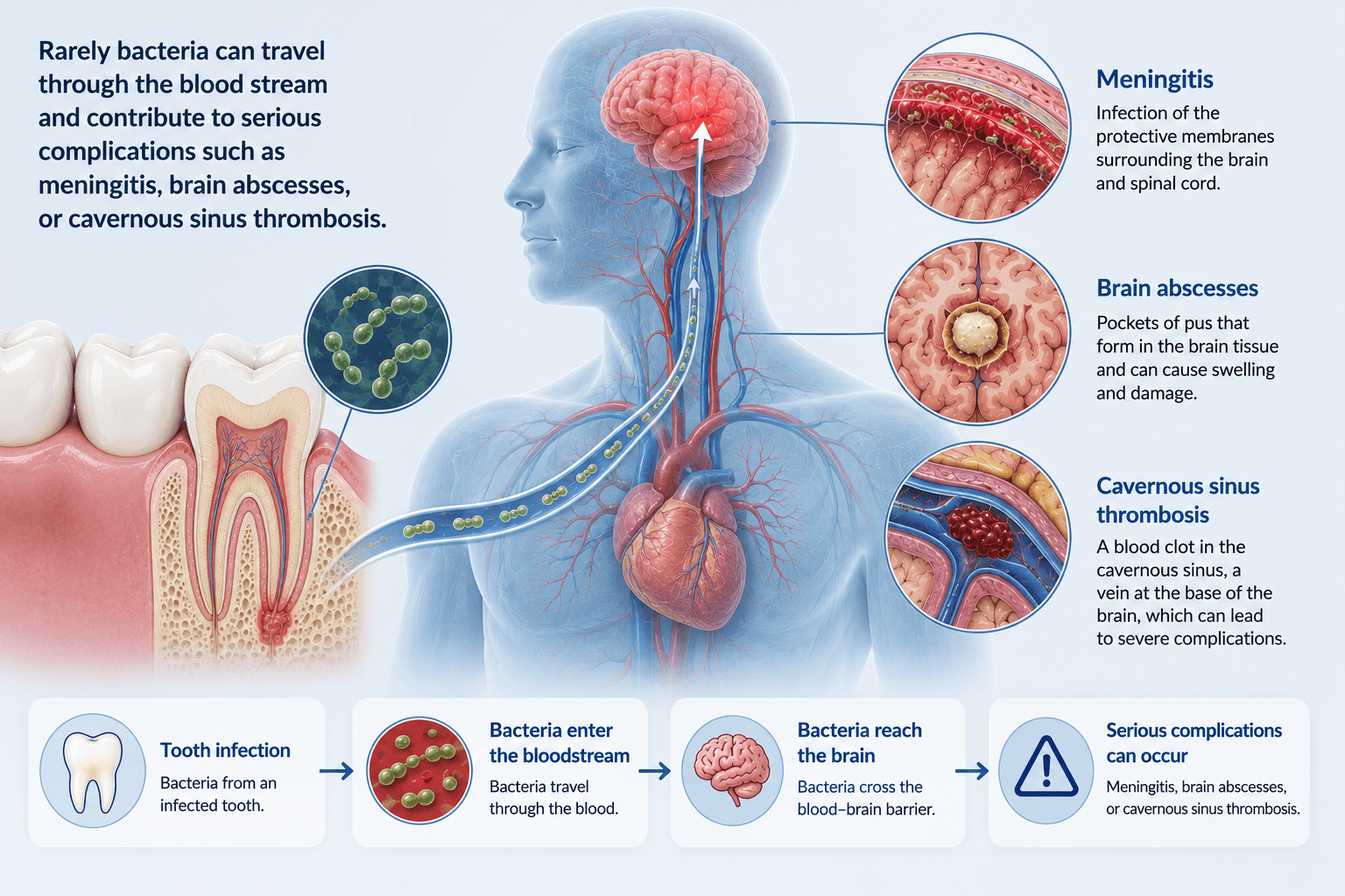 Medical infographic illustrating how a tooth infection can spread to the brain through the bloodstream, leading to meningitis, brain abscesses, or cavernous sinus thrombosis.
