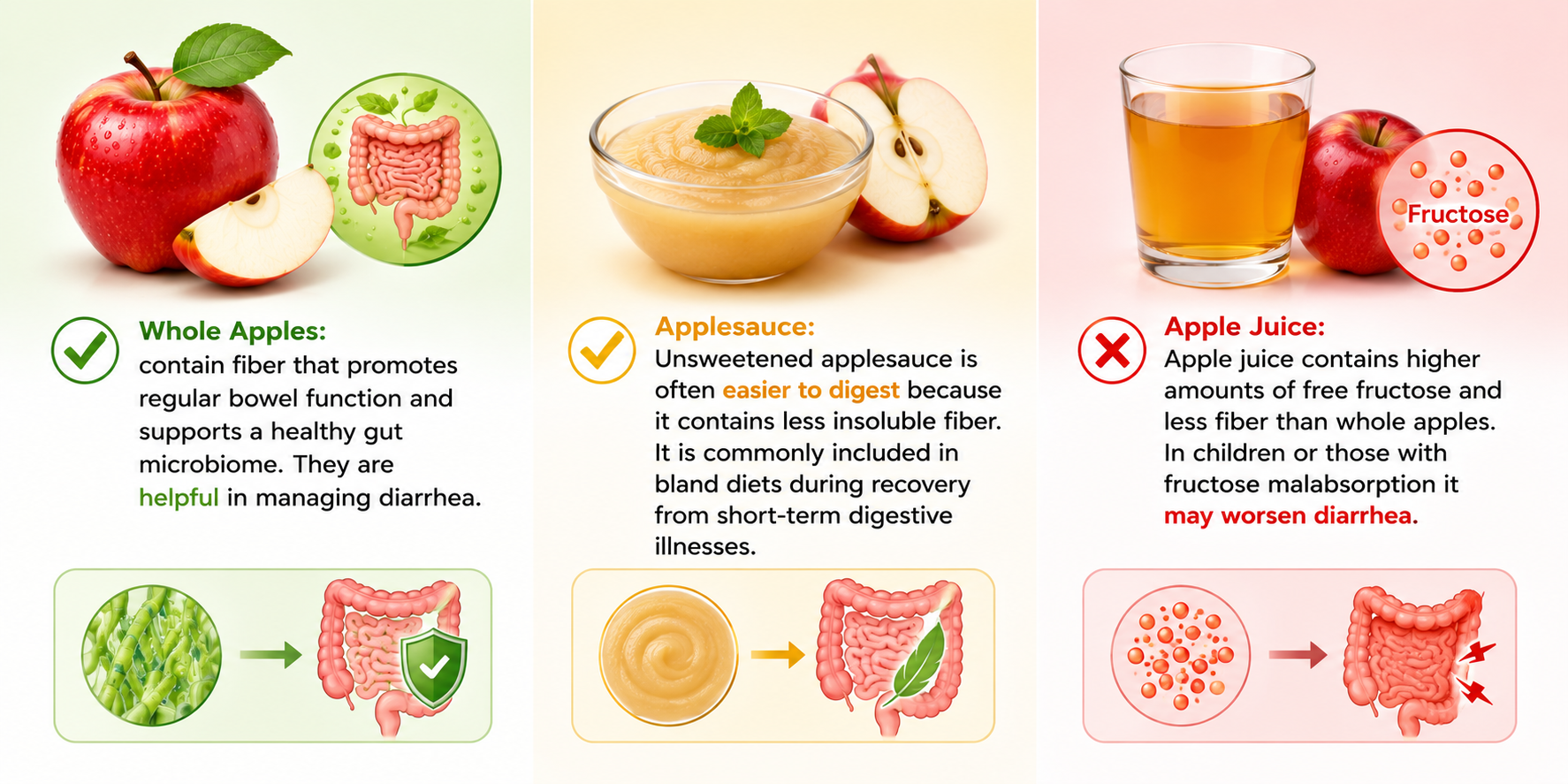 Medical-style infographic comparing whole apples, applesauce, and apple juice for diarrhea, showing how whole apples and unsweetened applesauce may support digestion, while apple juice may worsen diarrhea due to its higher fructose content and lower fiber.