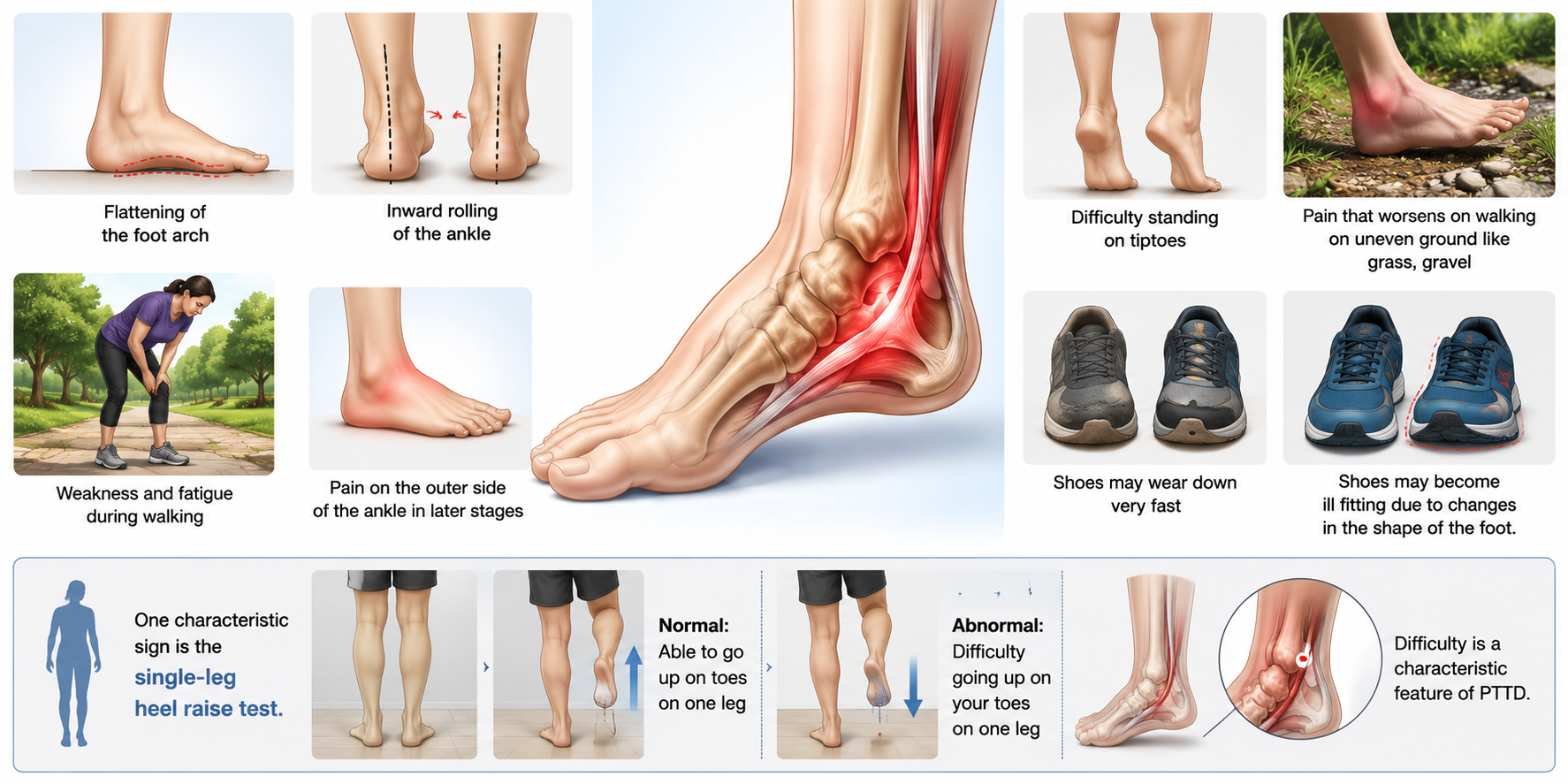Detailed medical infographic showing PTTD symptoms, including flat feet, ankle instability, weakness, and difficulty standing on one leg.