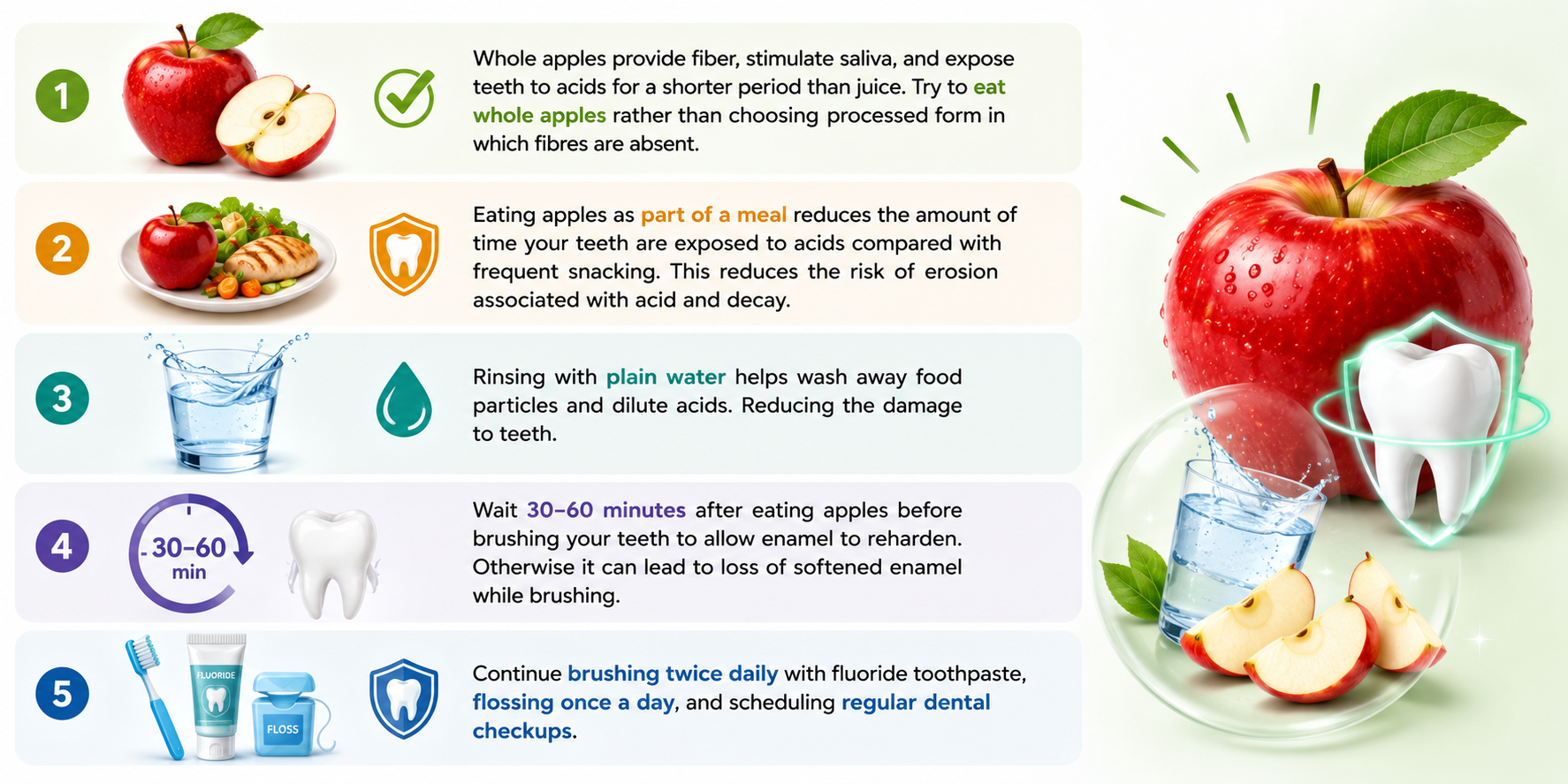 Medical-style infographic showing the best tips to eat apples without damaging your teeth, including eating whole apples, consuming them with meals, rinsing with water, waiting before brushing, and maintaining good oral hygiene.
