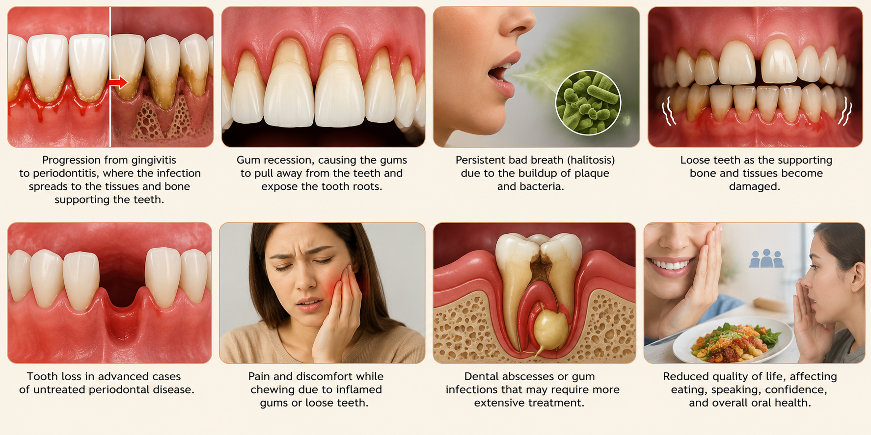 Medical infographic illustrating complications of untreated bleeding gums, including periodontitis, gum recession, bad breath, loose teeth, tooth loss, dental abscesses, chewing pain, and reduced quality of life.