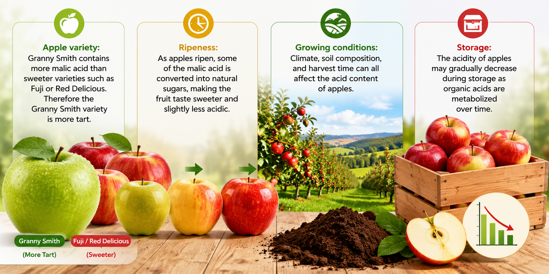 Medical-style infographic illustrating how apple variety, ripeness, growing conditions, and storage influence the natural acidity of apples.
