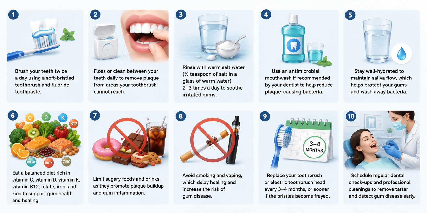 Infographic showing ten home care tips for bleeding gums, including brushing twice daily, flossing, saltwater rinses, mouthwash use, hydration, healthy nutrition, limiting sugar, avoiding smoking and vaping, replacing toothbrushes regularly, and scheduling dental checkups.