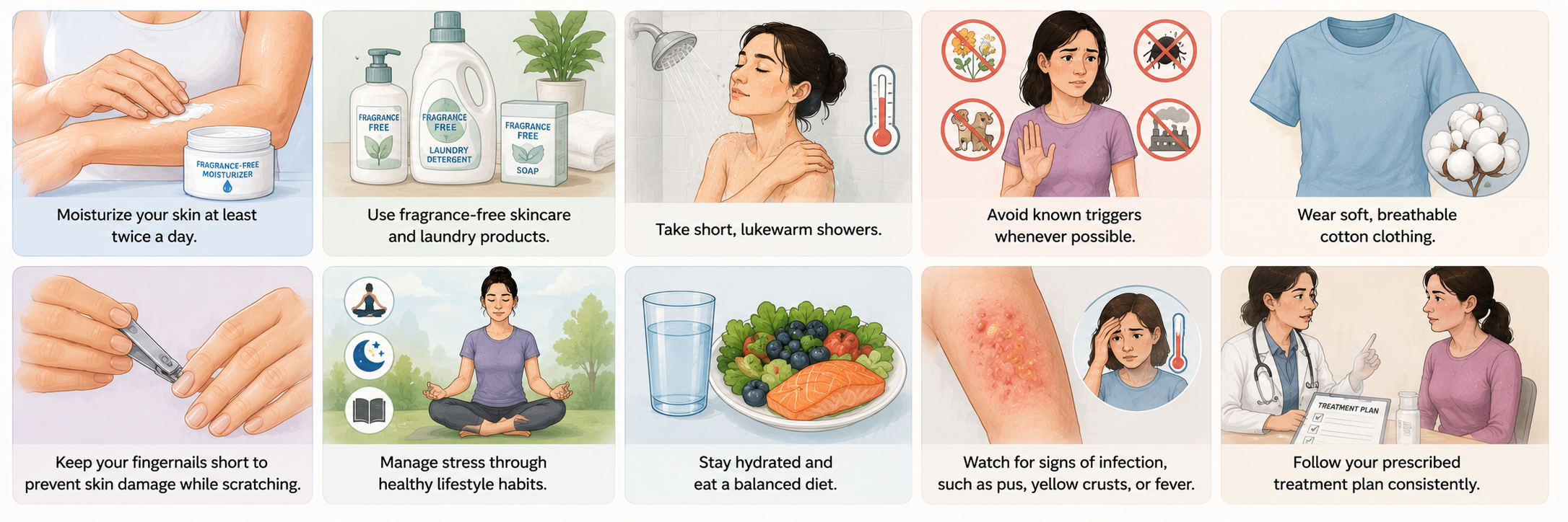 Medical illustration showing eczema prevention tips including moisturizing twice daily, using fragrance-free products, taking lukewarm showers, avoiding triggers, wearing cotton clothing, keeping fingernails short, managing stress, staying hydrated, eating a balanced diet, watching for signs of infection, and following the prescribed treatment plan.