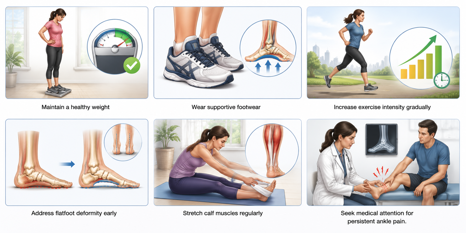 Educational medical illustration of PTTD prevention tips including calf stretches, supportive footwear, gradual exercise, and early treatment for ankle pain.