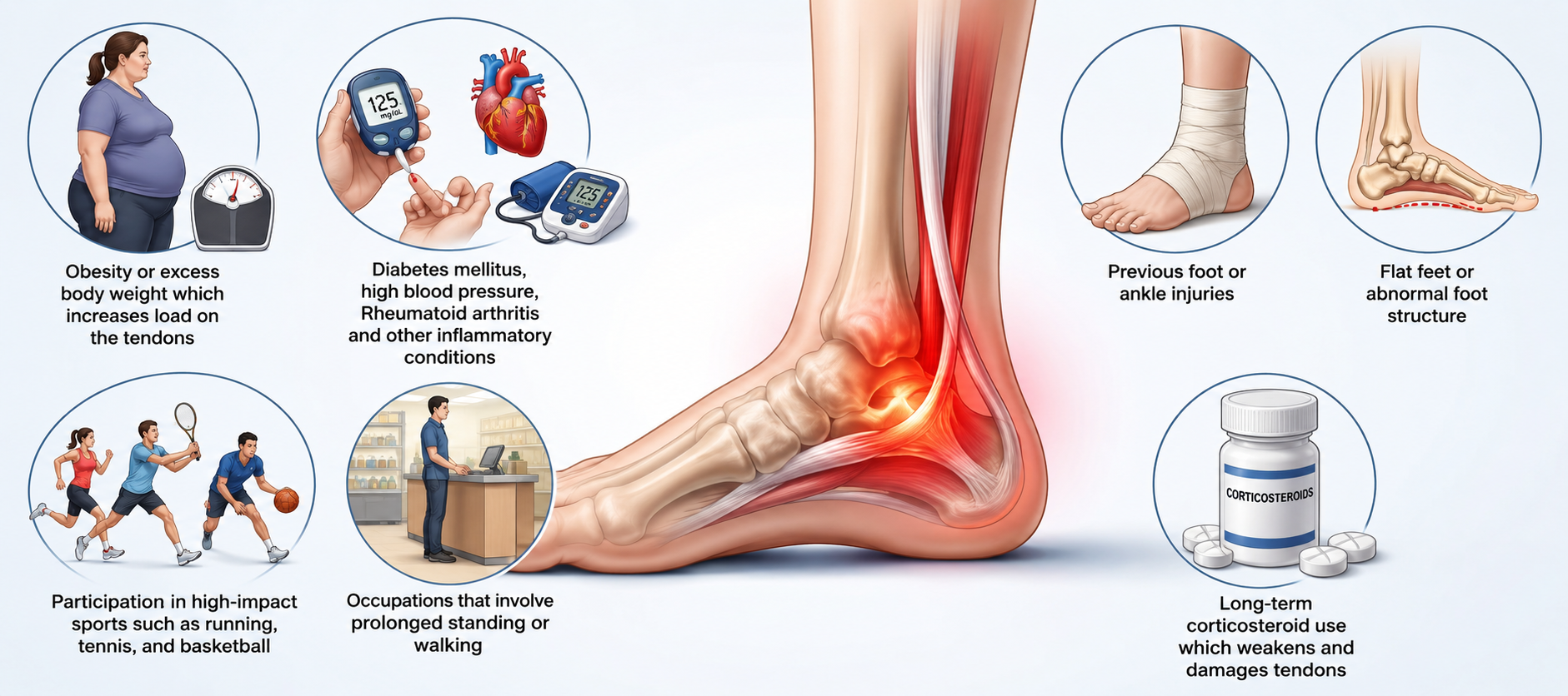 Medical infographic of PTTD risk factors affecting the posterior tibial tendon and foot arch.
