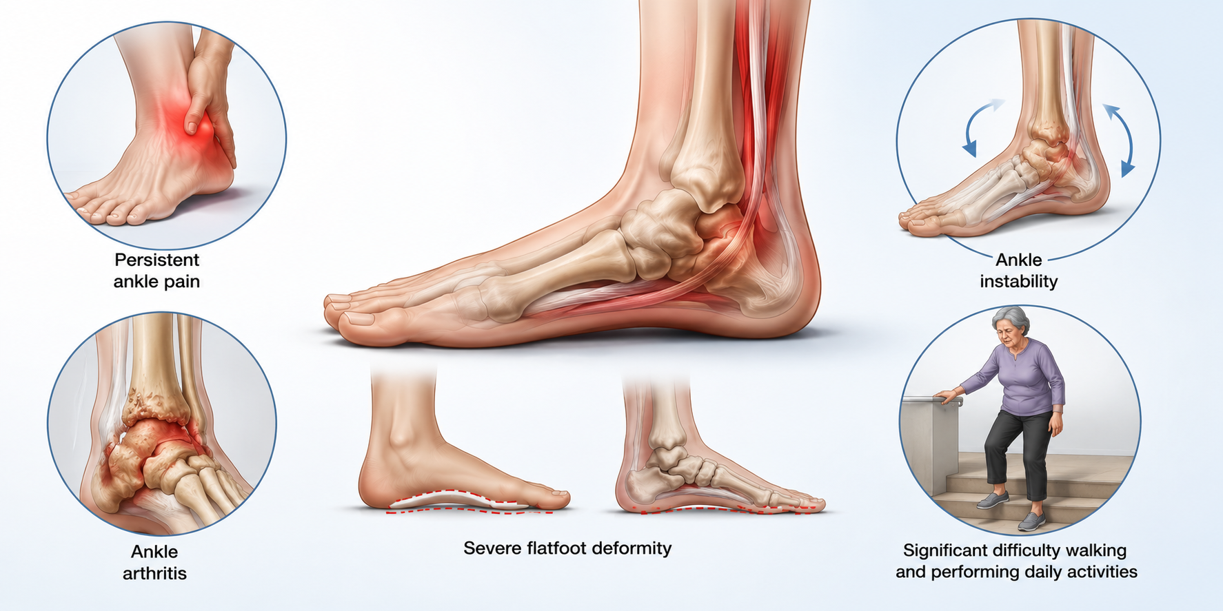 Educational medical infographic of Stage IV PTTD symptoms highlighting ankle instability, arthritis, flatfoot, and walking difficulty.