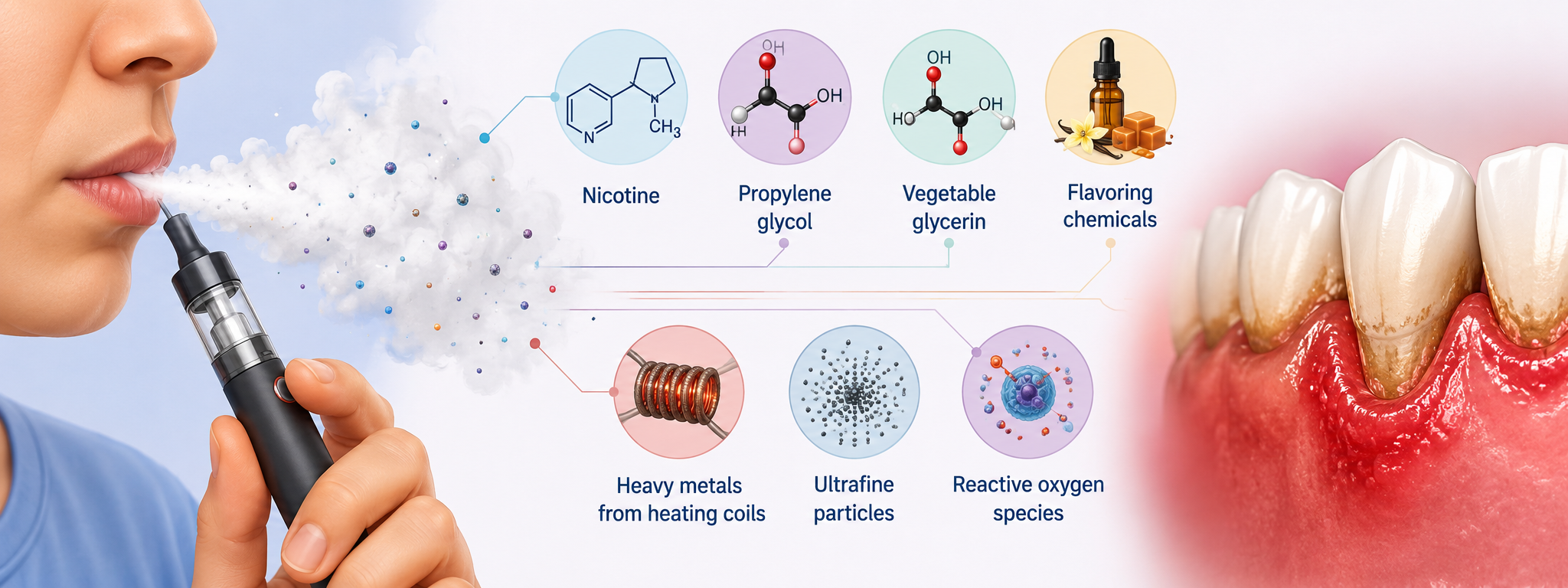 Medical illustration showing a person vaping with aerosol components labeled as nicotine, propylene glycol, vegetable glycerin, flavoring chemicals, heavy metals from heating coils, ultrafine particles, and reactive oxygen species, alongside inflamed gums to illustrate how vaping may contribute to gum disease.