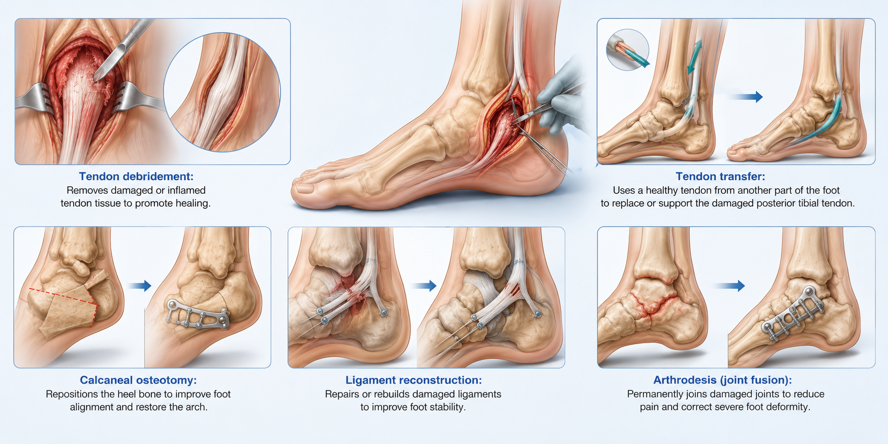 Healthcare infographic illustrating PTTD surgical procedures used to repair the posterior tibial tendon and correct foot deformity.