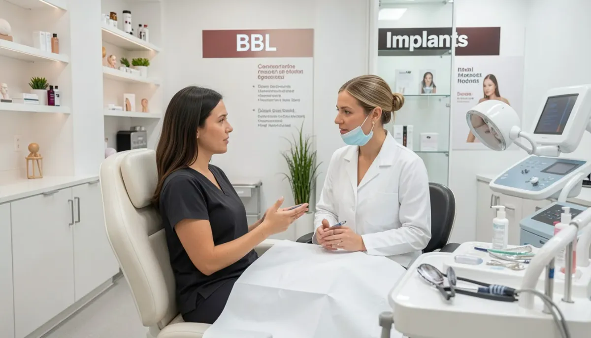 Patient discussing BBL vs Implants with a cosmetic surgeon during a consultation in a modern aesthetic clinic to explore butt augmentation options.
