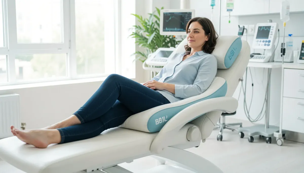 Woman relaxing in a medical recovery chair after cosmetic surgery, illustrating the question "Can you sit after BBL?" and proper post-operative recovery care.