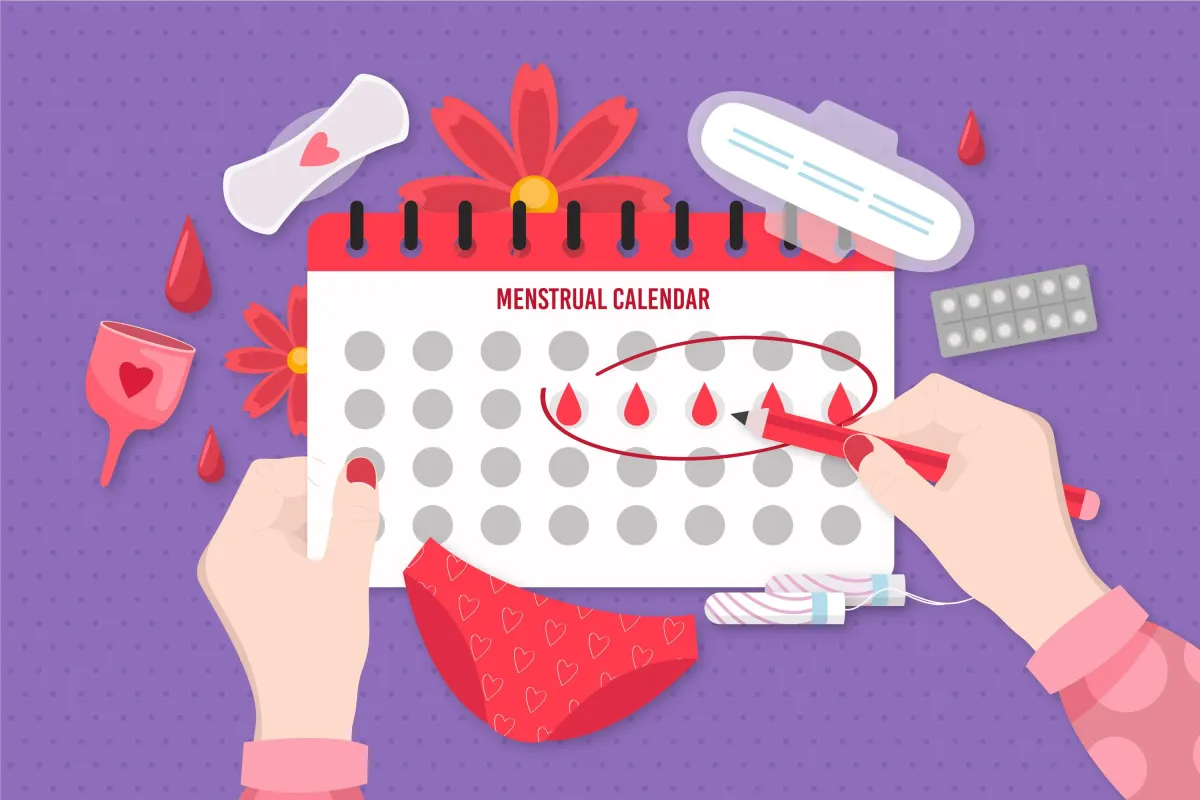 Illustration of a woman marking bleeding days on a menstrual calendar with period products, highlighting cycle tracking for Implantation Bleeding vs Period comparison.