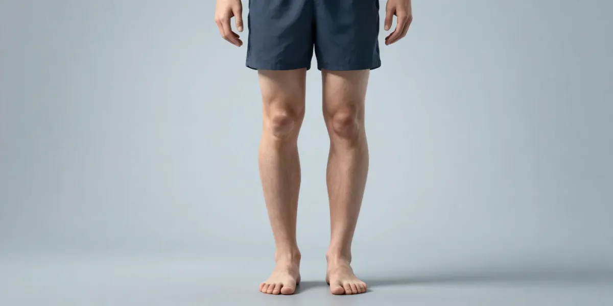 Front view of a person standing barefoot, demonstrating the appearance of Knock Knees with knees angled inward while the ankles remain apart.