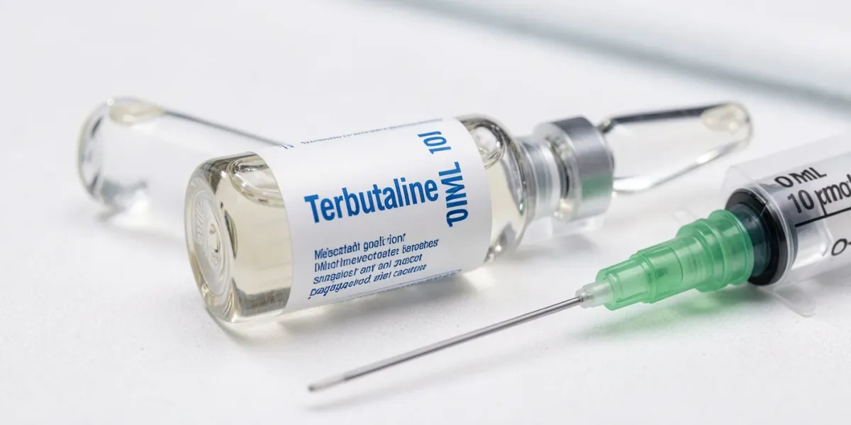 Terbutaline in Labor medication vial and syringe used for managing preterm uterine contractions during pregnancy