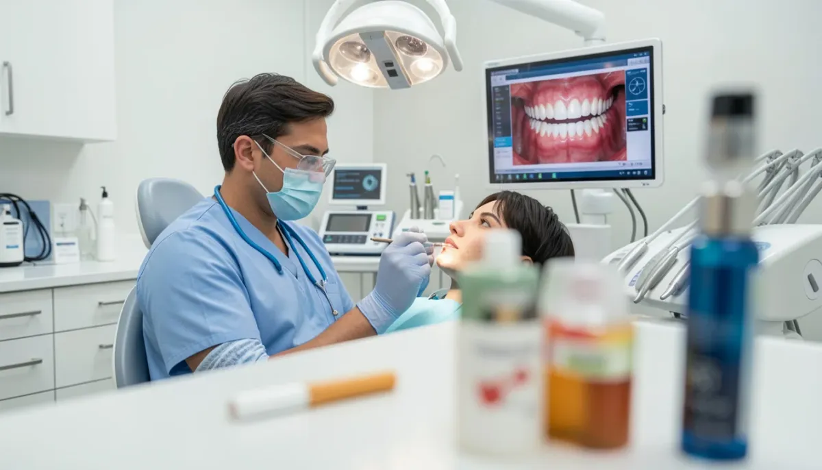 Dentist examining a patient during a dental check-up for early signs of vaping-related gum disease, with a digital display of healthy gums and teeth in a modern dental clinic.