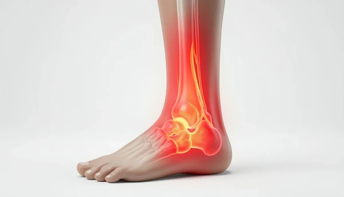 Medical illustration showing PTTD affecting the posterior tibial tendon with inflammation along the inner ankle and foot arch.